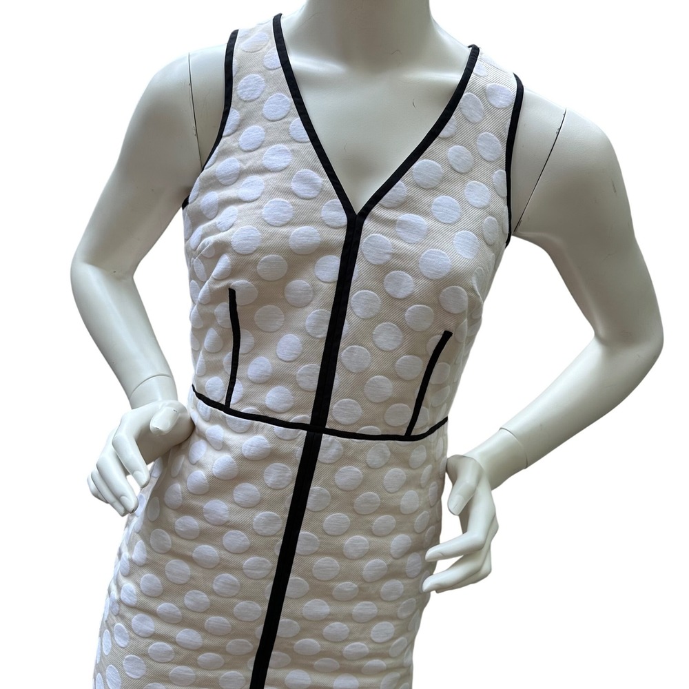 Ann Taylor Cream White Polka Dot V-Neck Sheath Dress Black Piping Size 0